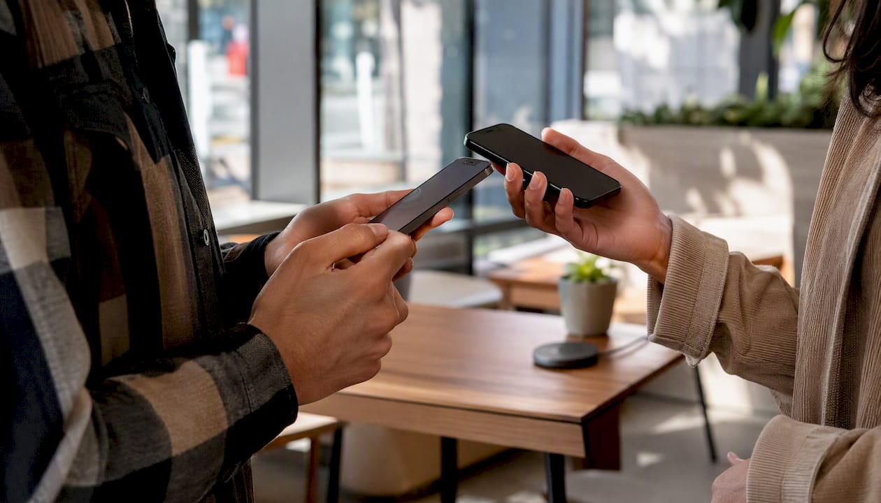Hands verifying encrypted call codes on phones