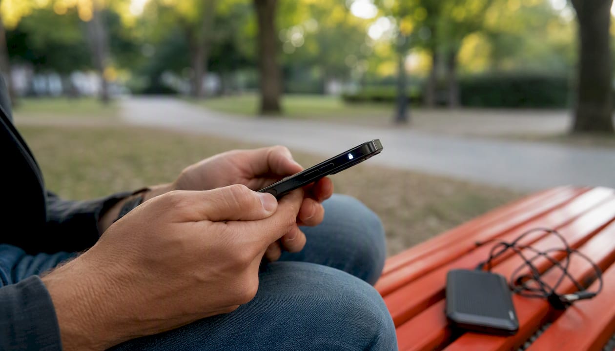 Hands holding smartphone with subtle encryption lock
